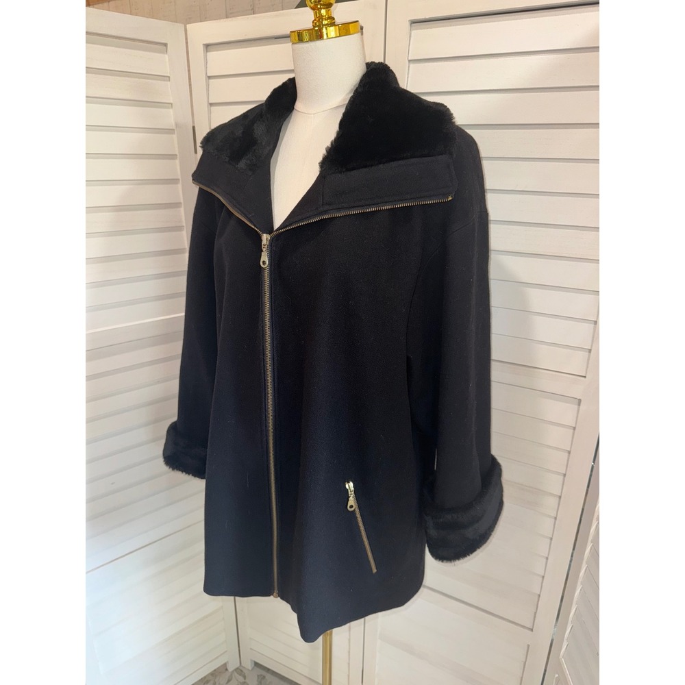 Donnybrook Mid-Length Coat Women Black Faux Fur Trim Zip Front Size 8 - Picture 4 of 6